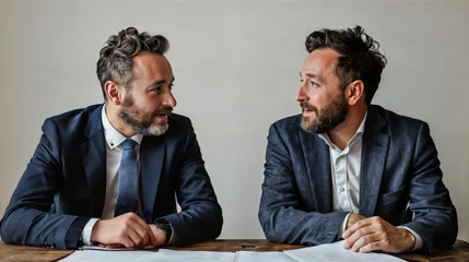 Fototapeten deux hommes en costume face à face appuyés sur une table en bois dans un bureau © Sébastien Jouve
