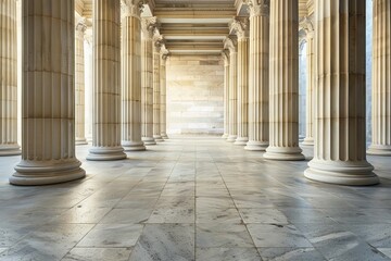The image is of a large, empty room with white pillars and a marble floor - obrazy, fototapety, plakaty