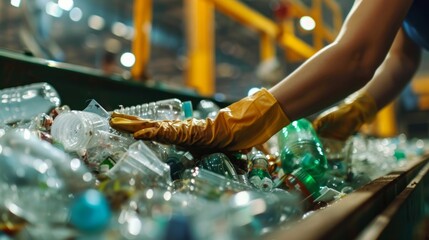 Close-up of gloved hands sorting plastic bottles on a recycling conveyor, embodying waste management. - obrazy, fototapety, plakaty