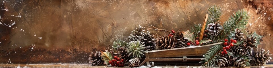 A vintage wooden sleigh overflows with pine cones and holly against a rustic brown backdrop, a nostalgic scene with room for your message. - obrazy, fototapety, plakaty