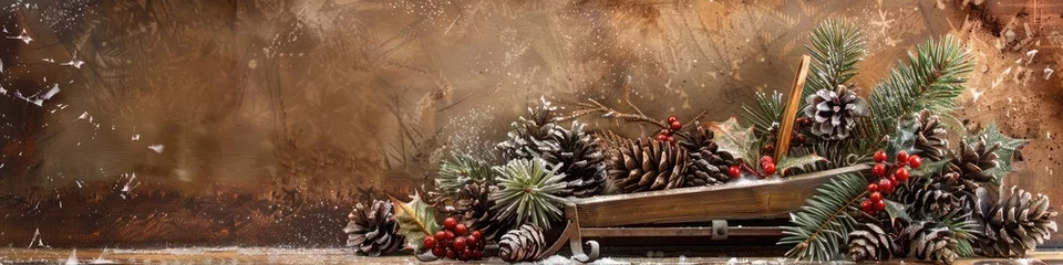 Fotobehang A vintage wooden sleigh overflows with pine cones and holly against a rustic brown backdrop, a nostalgic scene with room for your message. © Fahad