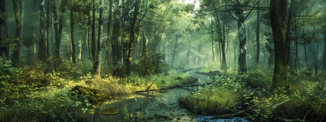 Fototapeta na wymiar Mystical forest panorama in misty morning light