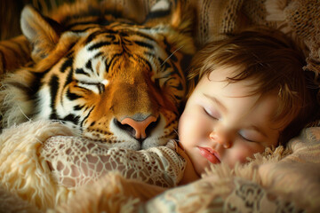 A baby sleeps peacefully hugged to a tiger protecting it. Concept: Love for nature from childhood to prevent climate change.