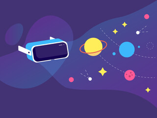 Virtual reality VR headset with hologram of  space, cosmos with planets and rockets and touch. Vector illustration in flat style. VR technology on dark background.