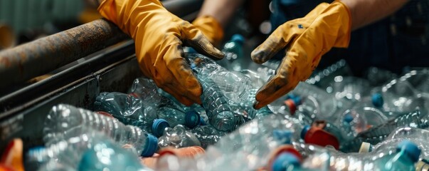 A person is sorting through a pile of plastic bottles