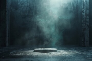 Perspective view dark smokey garage interior with spotlight and round pedestal on concrete floor, product presentation background and empty stage concept - obrazy, fototapety, plakaty
