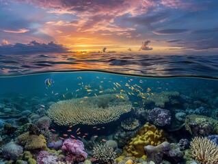 Split-view seascape capturing vibrant marine life below and a stunning sunset above.