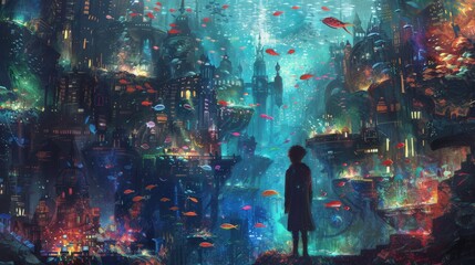 Dream world fantasy, underwater cities glowing with bioluminescent lights, merfolk swimming among coral skyscrapers