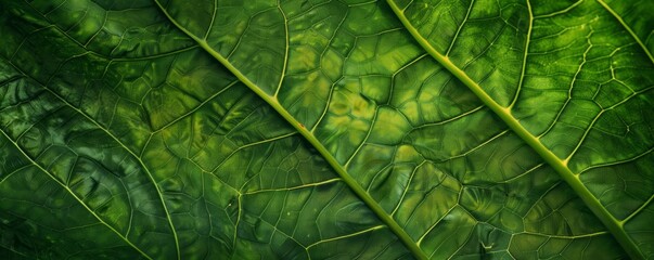 Green leaf texture close-up, abstract tropical pattern as a vibrant natural background.