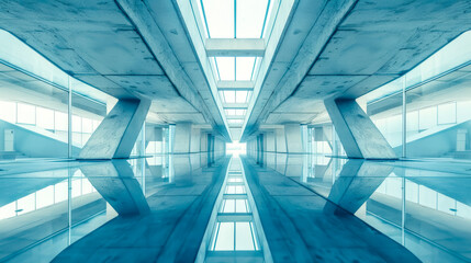 Symmetrical view of a modern architectural corridor with a cool blue tone