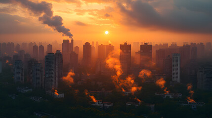 city skyline shrouded in dense smog or haze at sunset elevated view