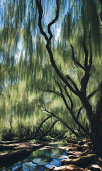Whispering Willow Grove. Beneath ancient willow trees, their long branches trailing in a silver rive - 756410525