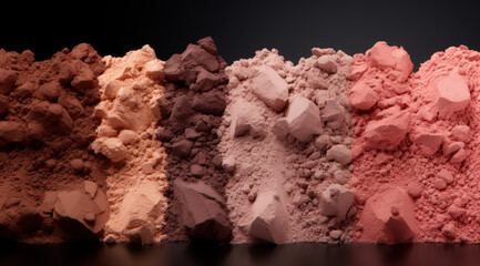 Cosmetic set of various shades compact and loose face powder, bronzed pearls, concealer and makeup brush on black background. Top view point, flat lay.