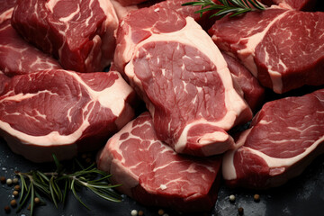 Marbled meat, top blade meat steak, on table background, with copy space for text.