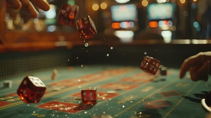 Action Shot of Dice Being Thrown on a Craps Table , A Craps Table in Motion,Casino excitement with rolling dice and chips .jpeg