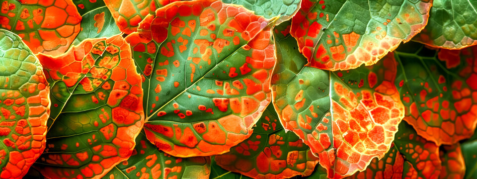 Close-up of colorful autumn leaves with intricate patterns