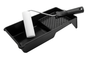 Farbrolle aus Schaumstoff und schwarze  Farbwanne Set Hintergrund transparent PNG cut out