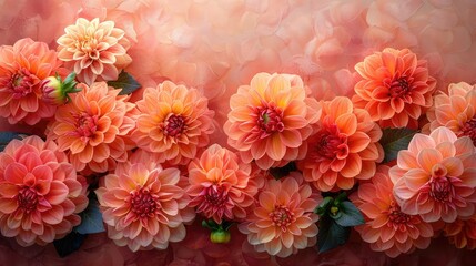 Dahlias frame with an empty center for text space, showcasing light orange-colored (peach fuzz) blossoms. Perfect for ads, backdrop, and background.jpeg
