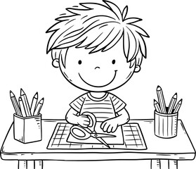 Cartoon happy boy sitting at the table and cutting paper. Kids creative activities. Outline vector illustration. Coloring book page for children