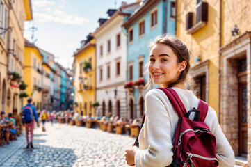 Fototapeta premium Half body shot of a young woman with a red backpack standing in a cobblestone street. She's looking over her shoulder, inviting th viewers to follow. Concept for exchange student and travelling