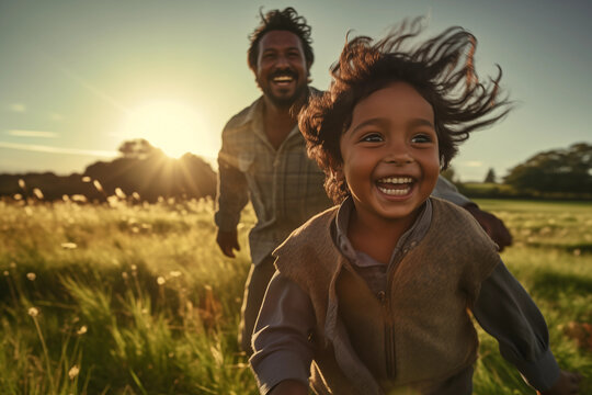 The sheer joy of a young indian child is contagious as they run through a field with their father, both basking in the golden light of a setting sun.
