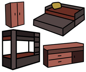 Simple handdrawn vector illustrations set: furniture icons collection - living room or children room, comfortable bed and other useful furniture