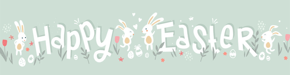 Cute hand drawn Easter design with bunnies, flowers, easter eggs, beautiful background, great for Easter Cards, banner, wallpapers