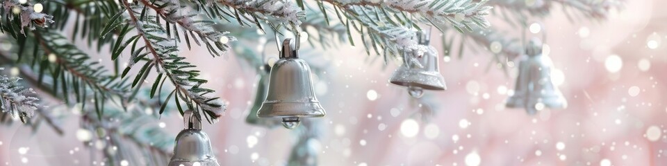 Elegant silver bells dangle gracefully from a lush evergreen bough, set against a backdrop of muted mauve, ringing in the holiday season with timeless charm and space for your text. - Powered by Adobe