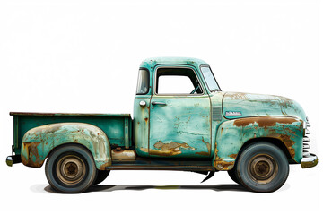 antique chevy truck in green on white background - obrazy, fototapety, plakaty