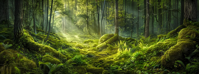 Tranquil and mystical enchanted forest with lush greenery. Moss-covered floor
