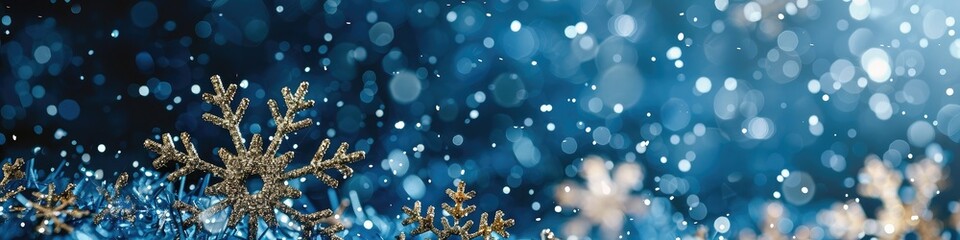 Glittering snowflakes delicately suspended in mid-air sparkle against a midnight blue backdrop, creating a magical winter wonderland with room for your words. - obrazy, fototapety, plakaty
