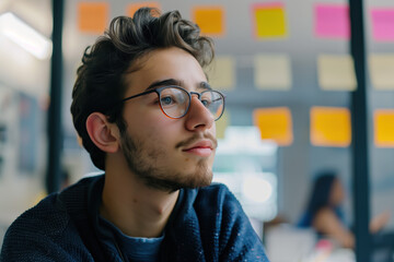 Fototapeta premium Portrait of a man in glasses in front of a wall covered with colored post-it notes. A slide background for showcasing the brainstorming process. Created with Generative AI technology.