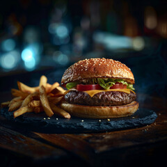 Photo of a burger on dark slate background