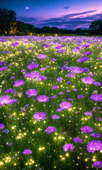 Stardust Meadow. At twilight, a meadow blooms with luminescent flowers. - 756411924