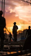 Engineer and crew silhouettes working at sunset.