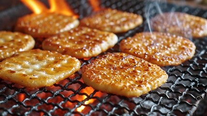 炭火で焼かれる日本の米クラッカー(煎餅) - obrazy, fototapety, plakaty