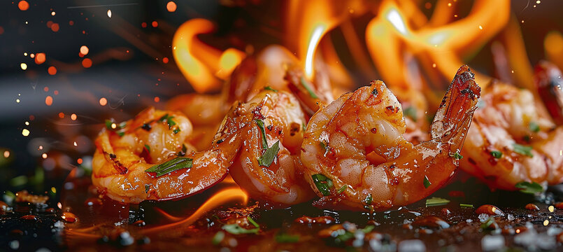 close-up Spicy shrimp fried on fire