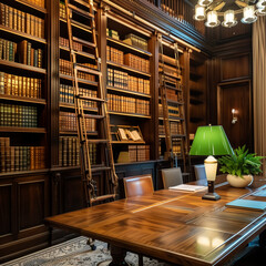 A traditional law firm library with dark wooden bookshelves lined with legal books, a ladder, and a large wooden table with a classic green lamp.