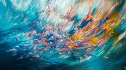 Foto op Plexiglas Colorful blurred motion of a school of fish underwater. © connel_design