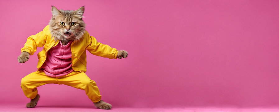 Crazy cat in yellow pink clothing is screaming on pink background,copyspace.