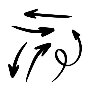 Flechas dibujadas a mano con rotulador, flechas simples aisladas sobre fondo blanco hechas con trazos sueltos, trazos reales y energicos. Iconos de flecha. Punta de flecha
