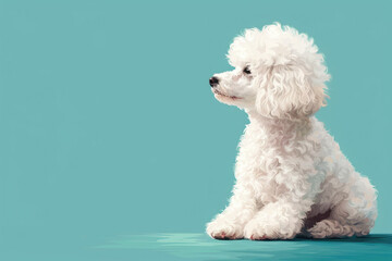 Cute white poodle puppy in the style of realistic animal portraits, simplified dog figures, vector illustration on blue background.