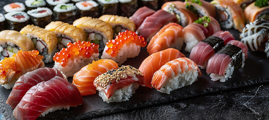 Assorted nigiri sushi and a large set of maki on slate. Variety of Japanese sushi with tuna and crab - obrazy, fototapety, plakaty