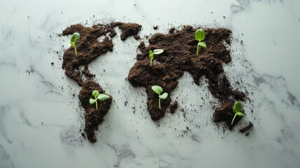 World map created out of a soil, with seedlings beginning to grow
