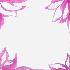 A floral watercolour frame. Purple soft pastel flowers motives. A square card illustration with a watercolour grain paper background. Leaves and flowers botanical elements. Tulips. Orchid. Lily. 