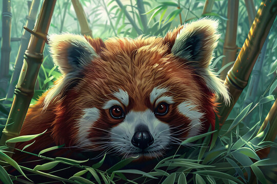 Portrait of cute red Panda bear in bamboo forest