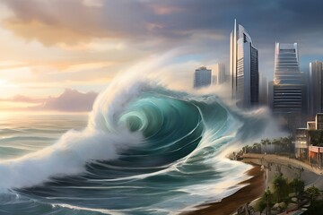 A majestic wave crests near a coastal city, showcasing the raw power and beauty of nature...