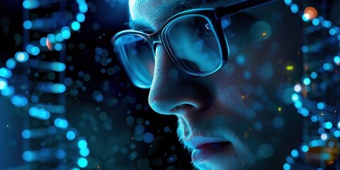 An abstract close-up dynamic background with luminous blue DNA helix structures glowing, depicting life's building blocks