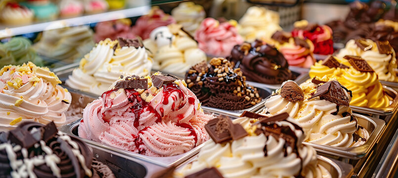 Various ice creams on a shop window
