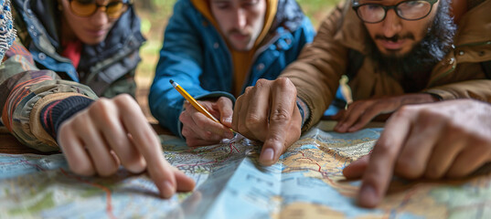 A diverse group of people study a map looking for directions. Ideal for travel and teamwork